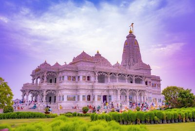 indian temple, vrindavan, mathura, radha krishna, pram temple, pram mandir, pram, temple, outdoor, religion, people, asia, india, religious, hindu, landscape, nature, radha, mandir, sunset, krishna, sky, architecture, prem, white, building