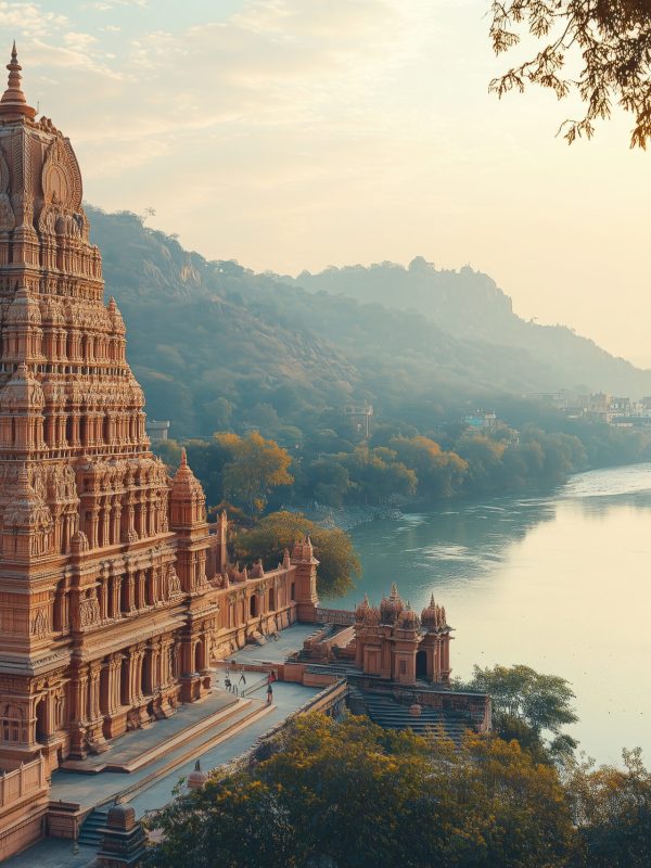 A photo of the tower building on top of the indian Temple, overlooking the river with a clear sky, muted color, tranquil garden landscapes, blue and amber, red sandstone architecture, in India. cinematic --ar 3:2 --style raw --stylize 250 --v 6.1 Job ID: fcb0dde9-4ed1-41bd-a64f-12ac325c2876